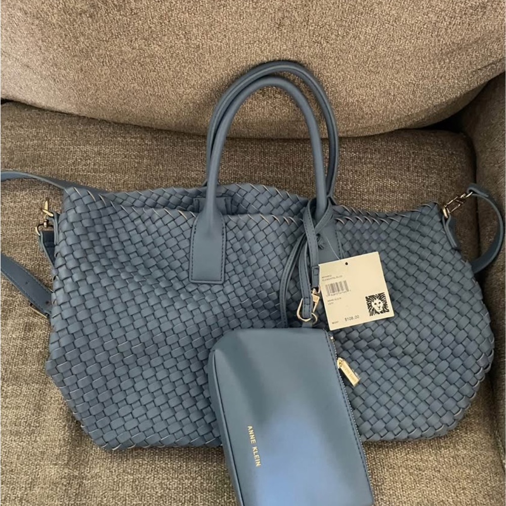 Anne Klein Blue Woven Tote with Pouch